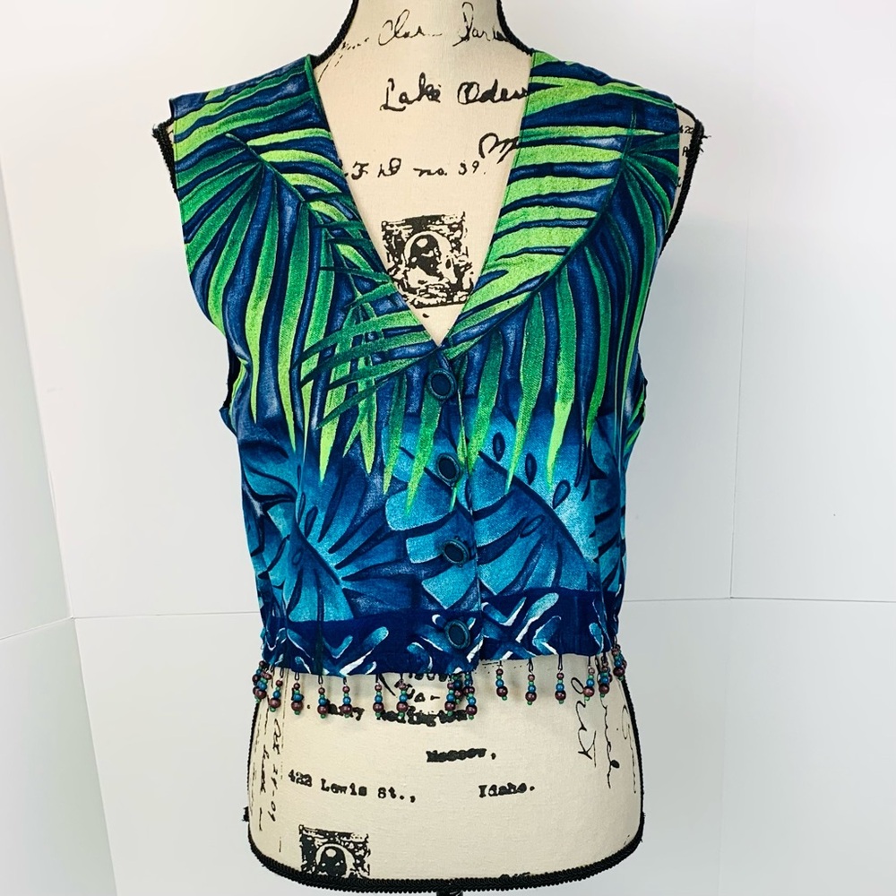 Vintage City Girl Nancy Bolen Size 4 Button Up Vest Oversized Tropical Beaded